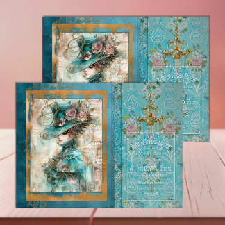 Victorian Woman in Vivid Teal Decoupage Tissue Paper