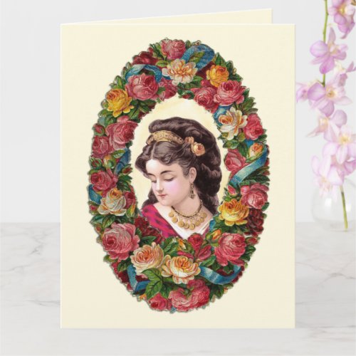 Victorian Woman Inside Multicolor Rose Wreath Card