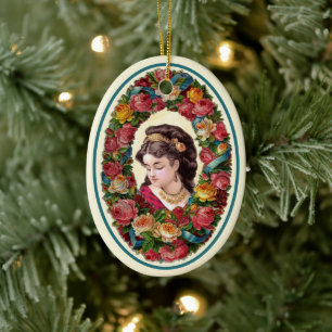 Victorian Woman Inside Multicolor Rose Wreath Ceramic Ornament