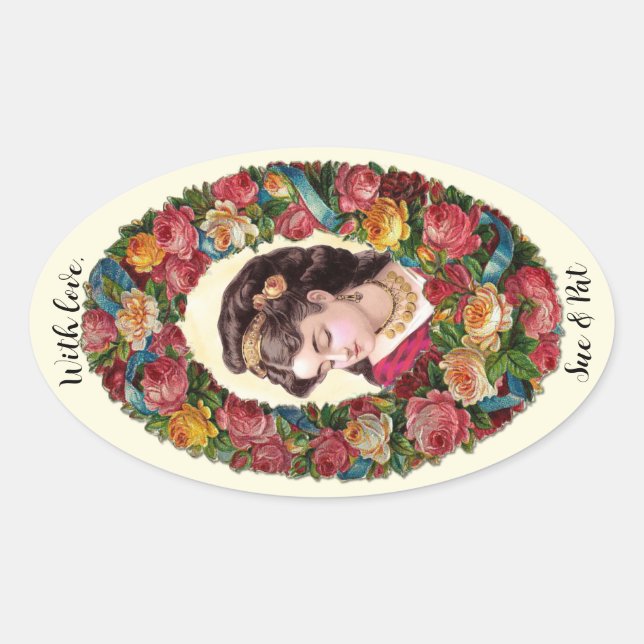 Victorian Woman Inside Multicolor Rose Wreath Oval Sticker (Front)