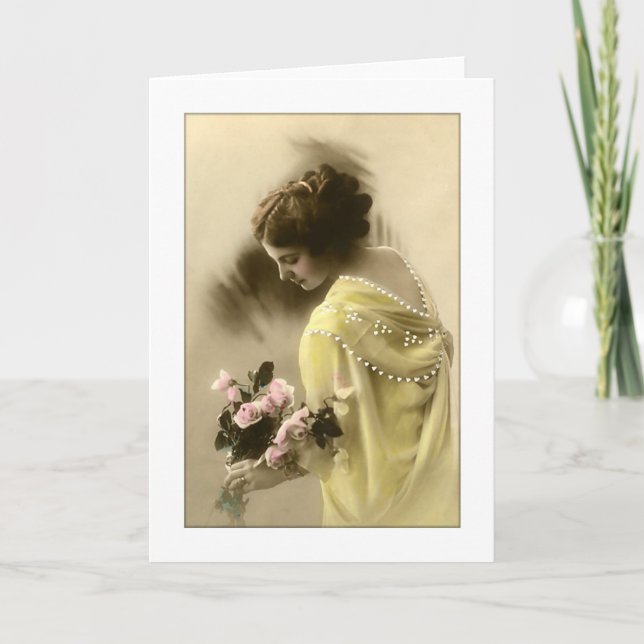 Victorian woman pink roses, romantic card (Front)
