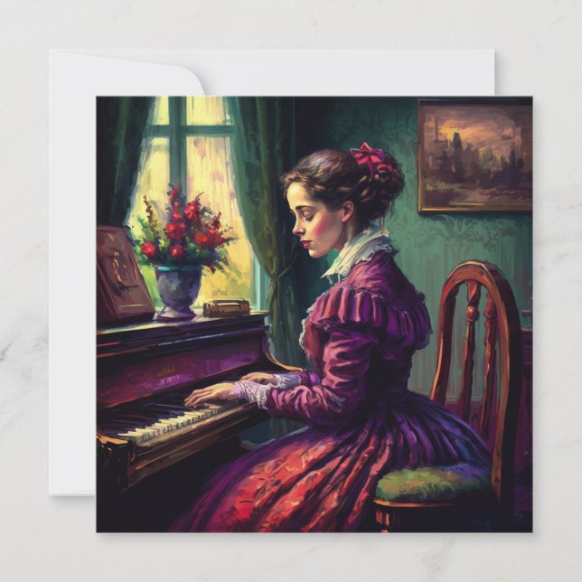 Victorian woman playing the piano, oil painting card (Front)