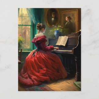 Victorian woman playing the piano, oil painting postcard