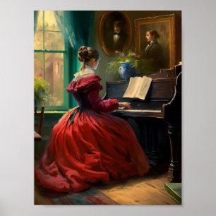 Victorian woman playing the piano, oil painting poster
