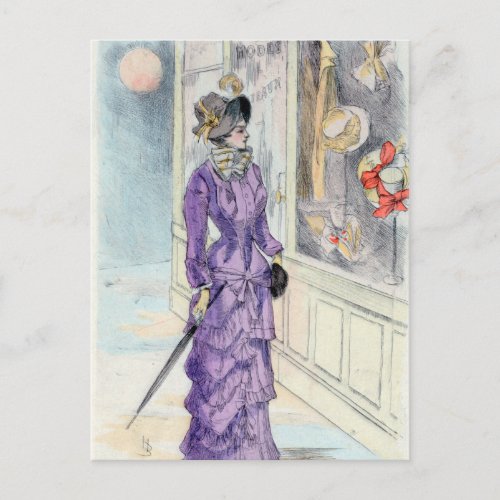 Victorian Woman Purple Dress Window Shopping Postcard