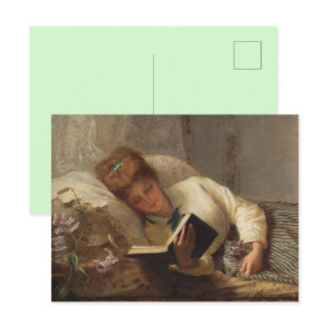Victorian Woman Reading Holding Kitten Postcard