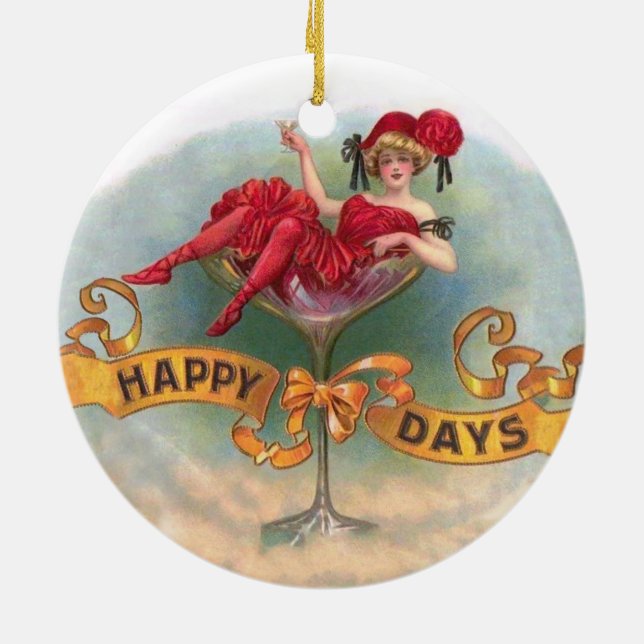 Victorian Woman Red Champagne Happy Ceramic Ornament (Back)