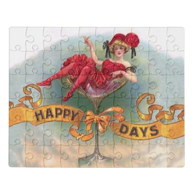 Victorian Woman Red Champagne Happy Jigsaw Puzzle (Puzzle Horizontal)