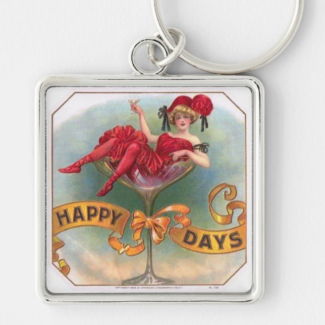 Victorian Woman Red Champagne Happy Keychain (Front)