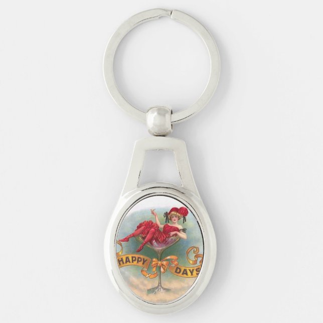 Victorian Woman Red Champagne Happy Keychain (Front)