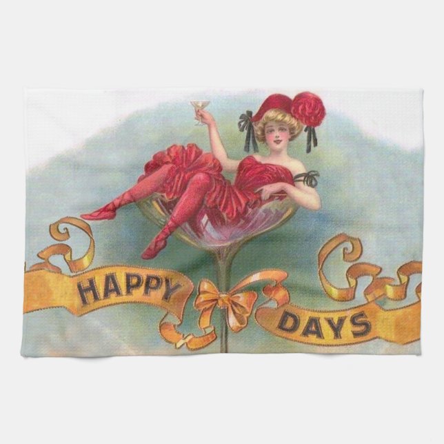 Victorian Woman Red Champagne Happy Kitchen Towel (Horizontal)