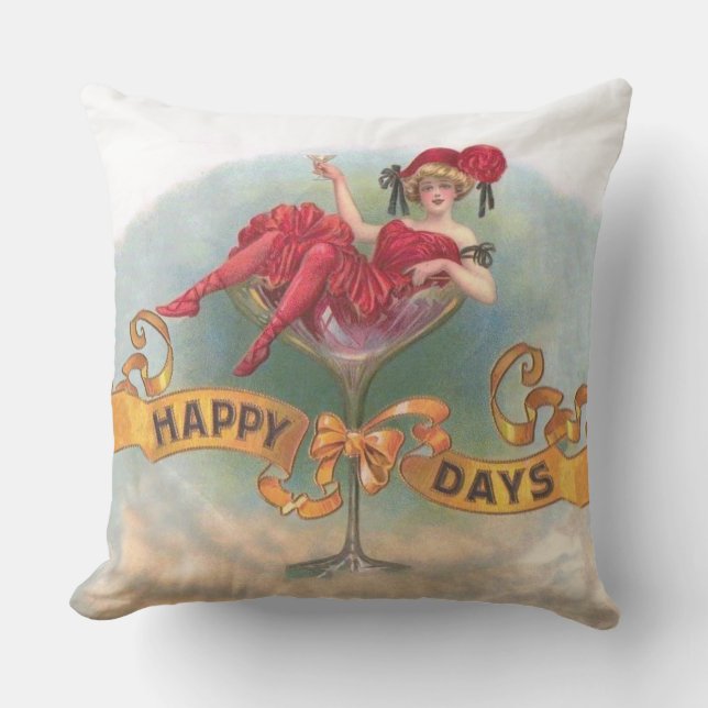 Victorian Woman Red Champagne Happy Outdoor Pillow (Front)