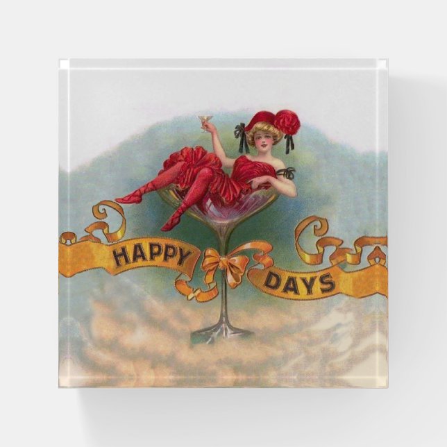 Victorian Woman Red Champagne Happy Paperweight (Front)