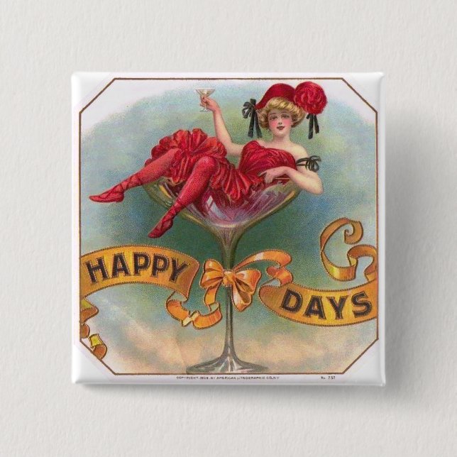 Victorian Woman Red Champagne Happy Pinback Button (Front)