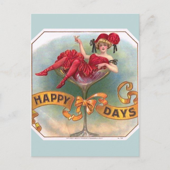 Victorian Woman Red Champagne Happy Postcard (Front)