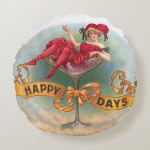 Victorian Woman Red Champagne Happy Round Pillow
