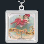 Victorian Woman Red Champagne Happy Silver Plated Necklace<br><div class="desc">Victorian Woman in Red Celebrating in Champagne Glass - "Happy Days" is certainly broadcast loud and clear in this funny vintage cigar advertising piece. The little woman somehow ended up having her cocktail while sitting inside a rather large Champagne glass. The advertisement came out in 1909, and is certainly a...</div>