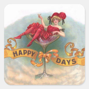 Victorian Woman Red Champagne Happy Square Sticker