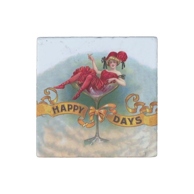 Victorian Woman Red Champagne Happy Stone Magnet (Fourth Magnet)