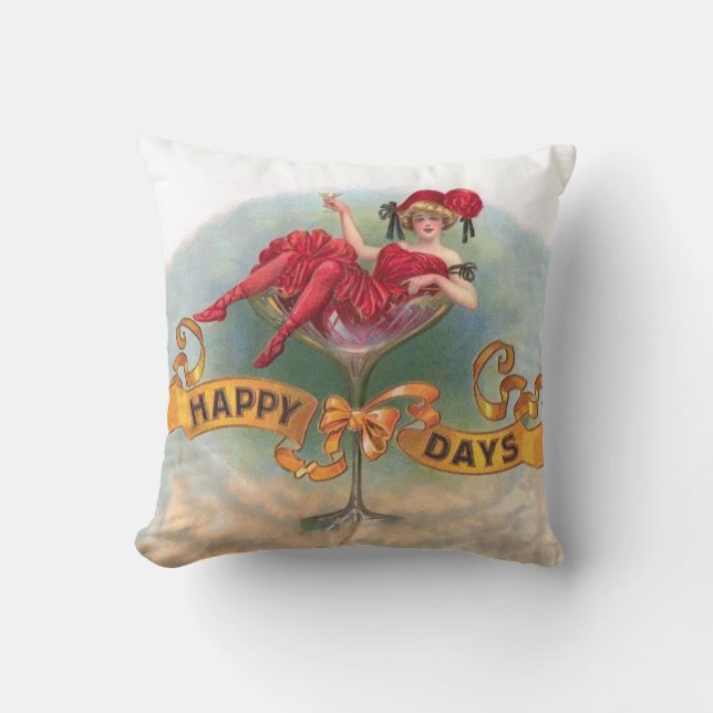 Victorian Woman Red Champagne Happy Throw Pillow (Front)