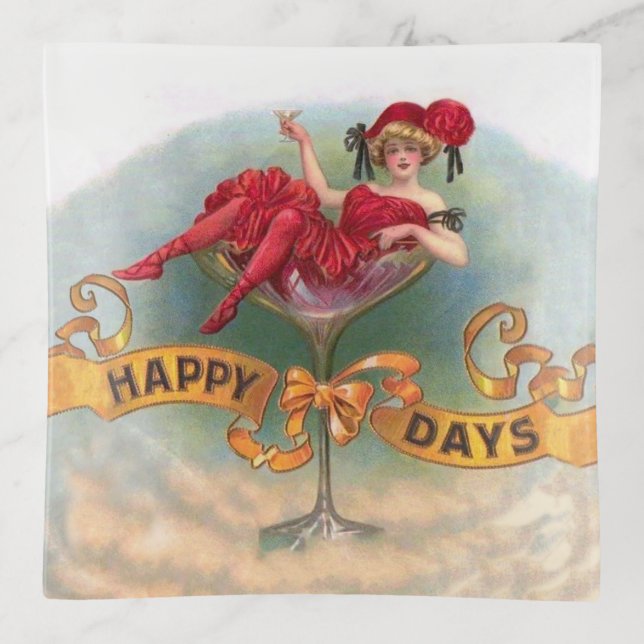 Victorian Woman Red Champagne Happy Trinket Tray (Front)