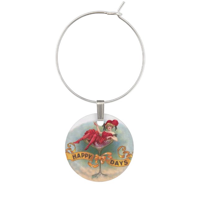 Victorian Woman Red Champagne Happy Wine Charm (Front)