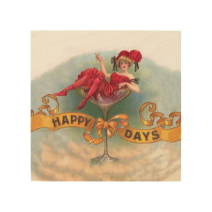 Victorian Woman Red Champagne Happy Wood Wall Art