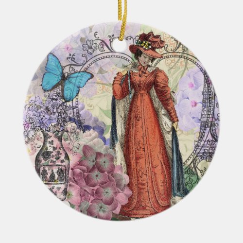 Victorian Woman Red Girl Classy Colorful Ceramic Ornament
