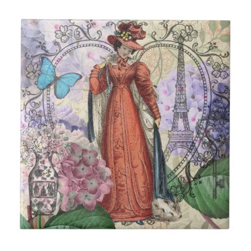 Victorian Woman Red Girl Classy Colorful Ceramic Tile