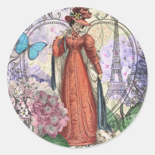 Victorian Woman Red Girl Classy Colorful Classic Round Sticker