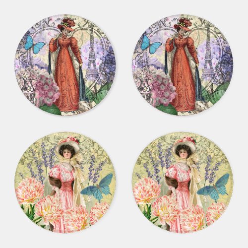 Victorian Woman Red Girl Classy Colorful Coaster Set