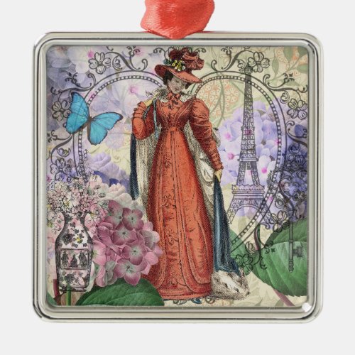 Victorian Woman Red Girl Classy Colorful Metal Ornament