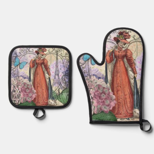 Victorian Woman Red Girl Classy Colorful Oven Mitt  Pot Holder Set