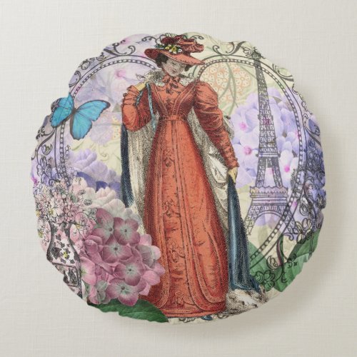 Victorian Woman Red Girl Classy Colorful Round Pillow