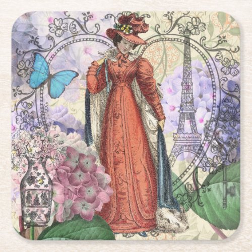 Victorian Woman Red Girl Classy Colorful Square Paper Coaster