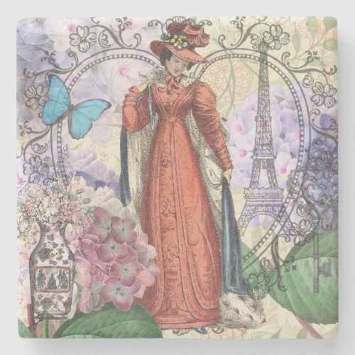 Victorian Woman Red Girl Classy Colorful Stone Coaster