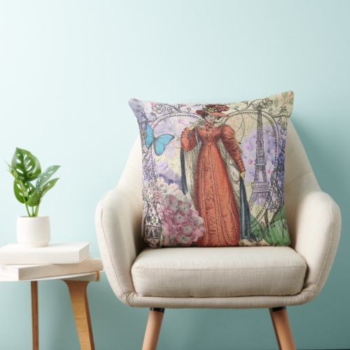 Victorian Woman Red Girl Classy Colorful Throw Pillow