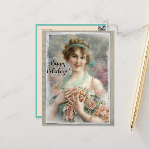 Victorian Woman w Roses on Watercolor Background Holiday Postcard