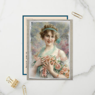 Victorian Woman w/ Roses on Watercolor Background Invitation Postcard