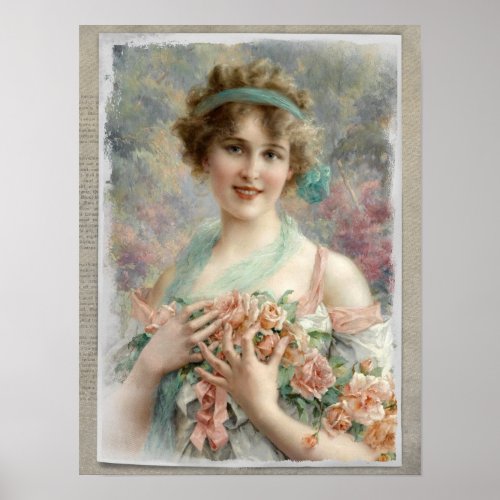 Victorian Woman w Roses on Watercolor Background Poster