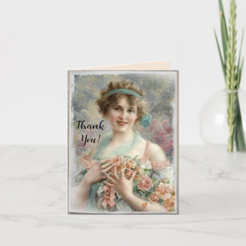Victorian Woman w Roses on Watercolor Background Thank You Card