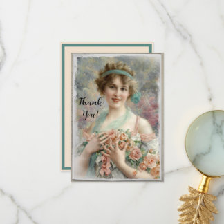 Victorian Woman w/ Roses on Watercolor Background Thank You Card