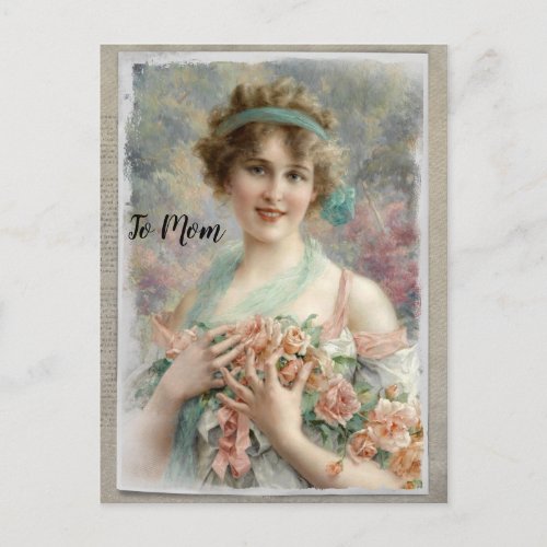 Victorian Woman w Roses on Watercolor Postcard