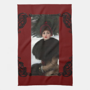 Victorian woman winter scene portrait red black kitchen towel