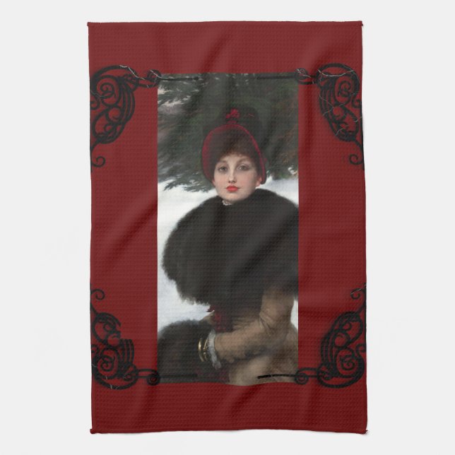 Victorian woman winter scene portrait red black  kitchen towel (Vertical)