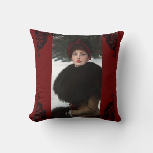 Victorian woman winter scene portrait vintage throw pillow