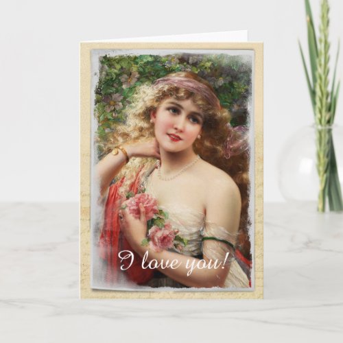 Victorian Woman with Pink Roses Greeting Card