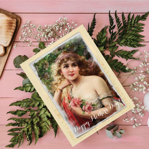 Victorian Woman with Pink Roses Mothers Day Holiday Postcard
