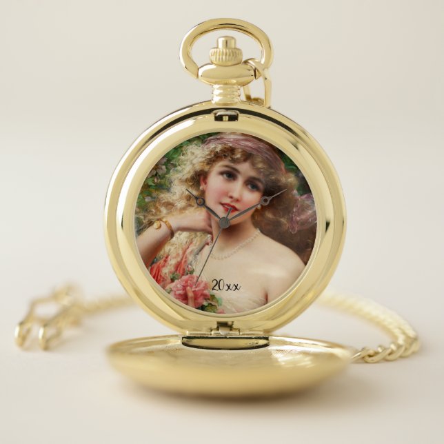 Victorian Woman with Pink Roses Pocket Watch (Inside)