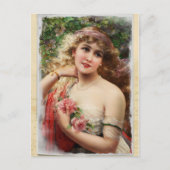 Victorian Woman with Pink Roses Postcard (Front)